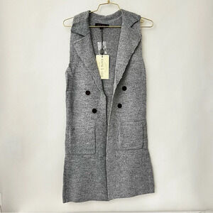 Long Sweater Vest Heather Blue Gray Open Front Pockets Cozy Soft Sleeveless